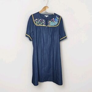 GO SOFTLY PATIO‎ DRESS Embroidered Peacock  100% COTTON Denim Blue 2XL Muu Muu